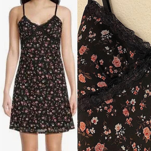 Black floral print Mesh Dress Lace whimsy goth romantic slip skater juniors S - Picture 1 of 13